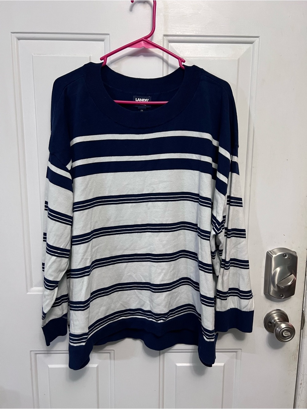 Lands’ End Women’s 3X 24W-26W Navy White Striped 100% Cotton Sweater Pullover